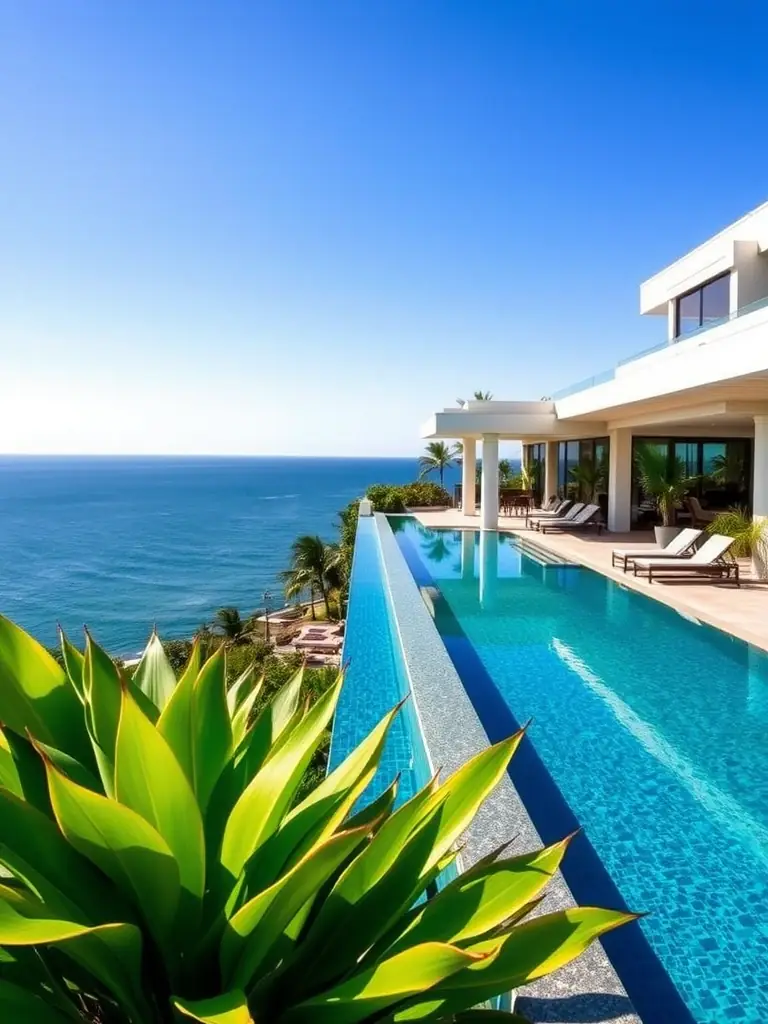 A stunning private villa with an infinity pool overlooking the ocean, featuring lush landscaping and outdoor dining areas, illustrating the privacy and exclusivity available through AllYourStay.