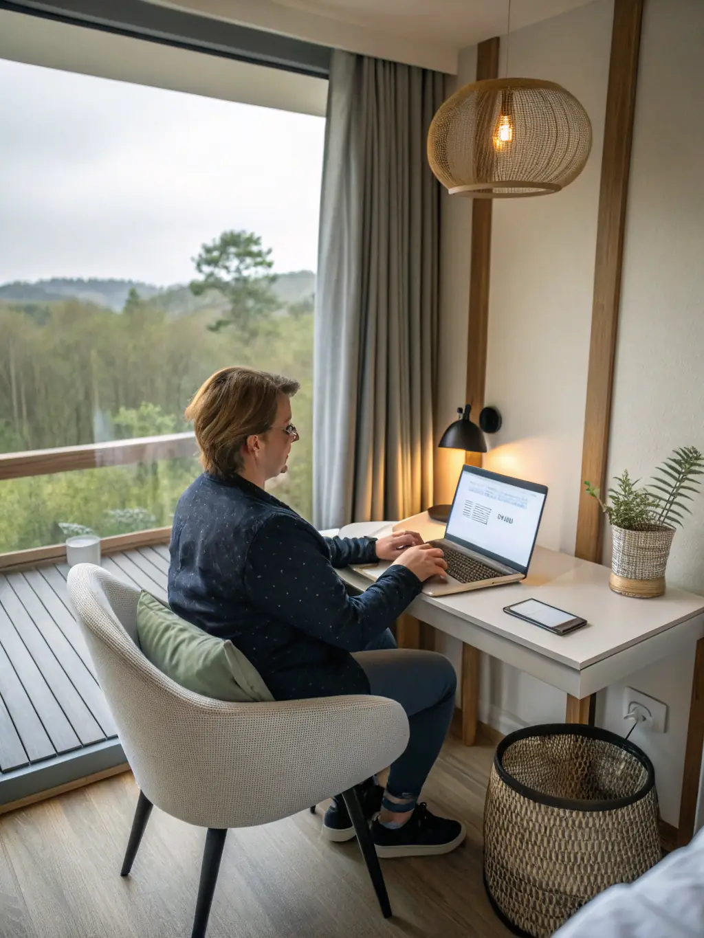 A person browsing Booking.com on a laptop, looking at a luxury hotel listing. The laptop screen should be clearly visible, showing the hotel's name and some key features.