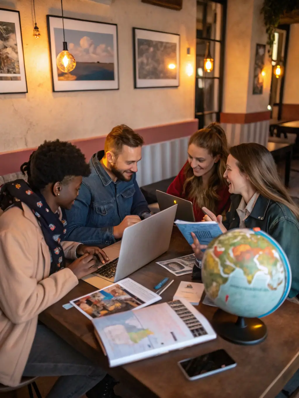 A visual representation of a calendar with marked travel dates and a group of happy travelers enjoying their luxury accommodation, symbolizing the seamless booking process and enjoyable stay.