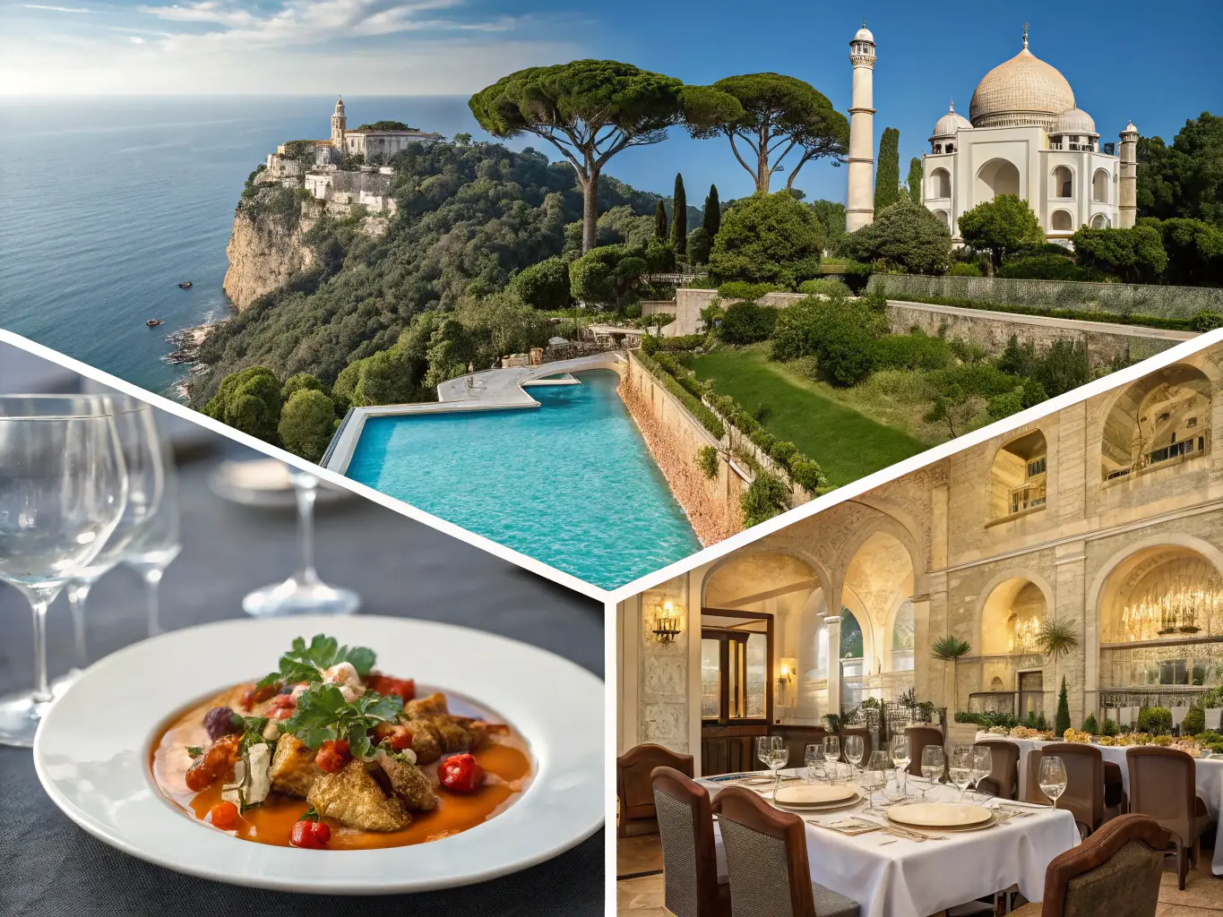 A collage of images featuring various luxury accommodations around the world, including hotels, villas, and apartments, representing the global reach of AllYourStay.