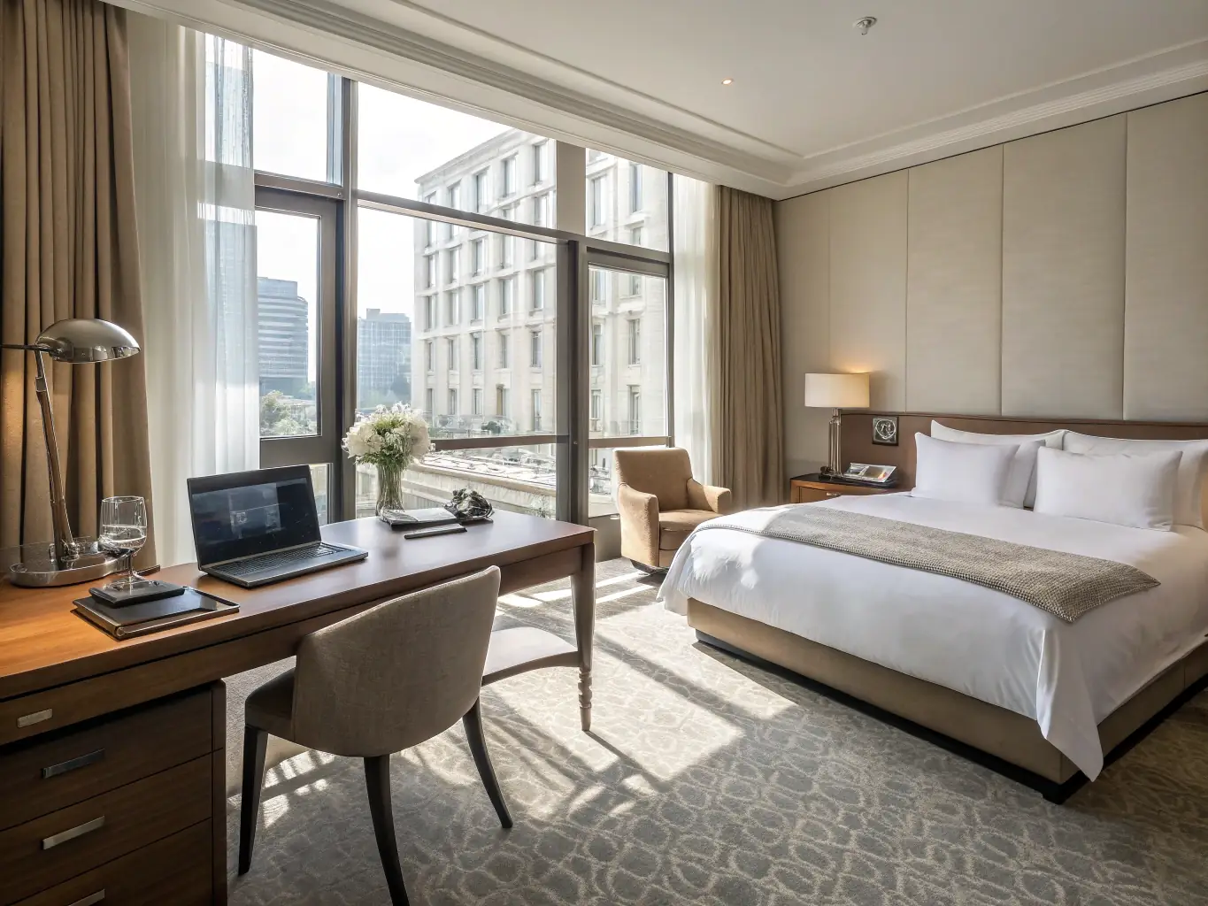 A professional image of a business traveler efficiently working in a stylish hotel room, highlighting the convenience and comfort of corporate travel solutions.