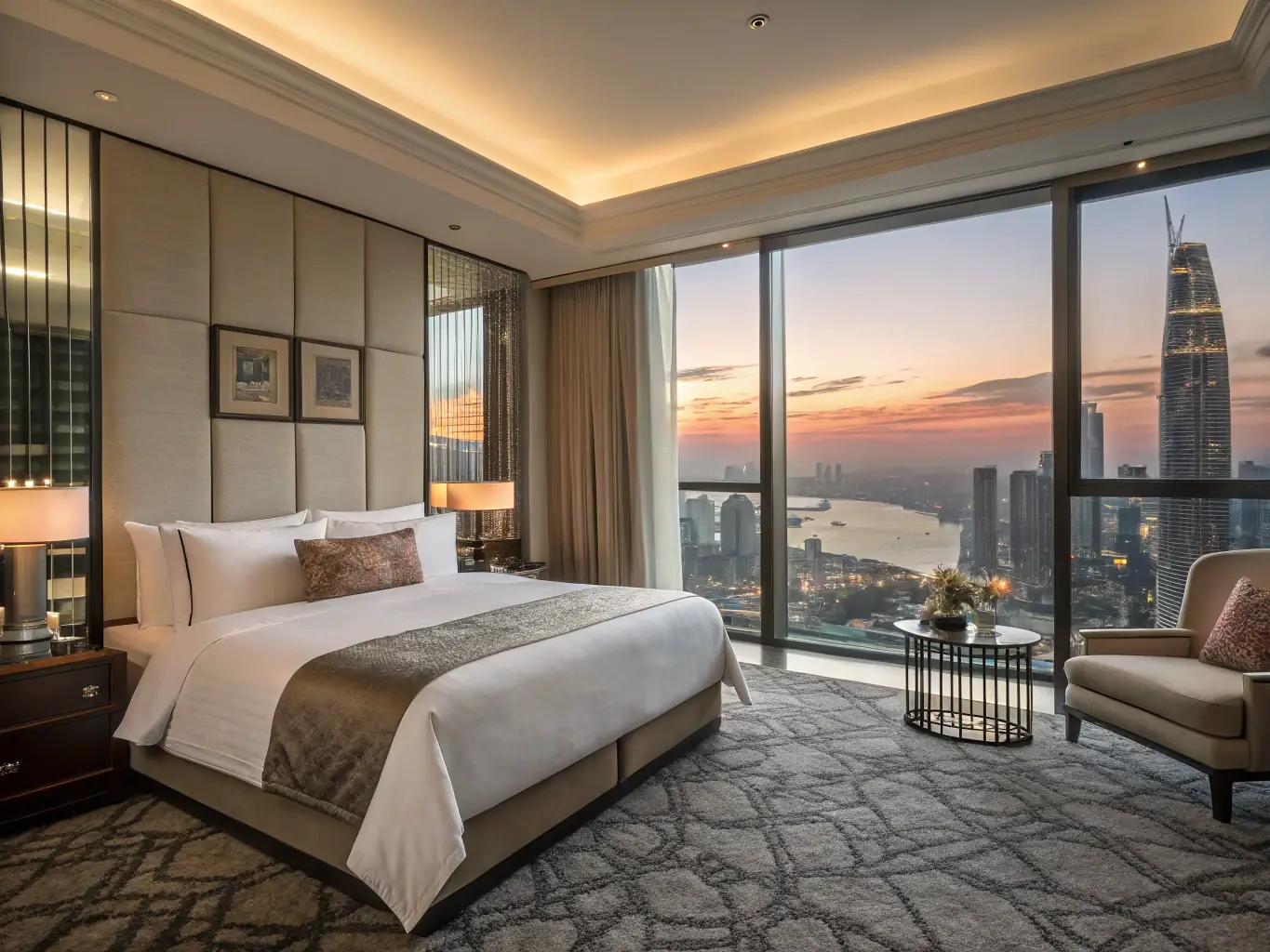 A serene image of a traveler relaxing in a luxurious hotel suite, overlooking a vibrant cityscape at sunset, symbolizing the premium experience offered by AllYourStay.