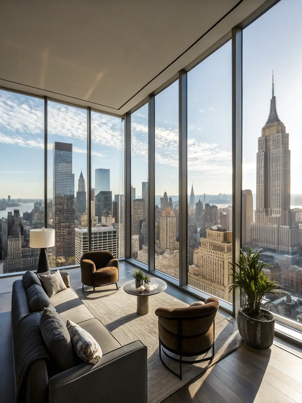 A modern city apartment with stylish decor and large windows, located in a vibrant urban neighborhood, highlighting the convenience and local experience offered by AllYourStay.