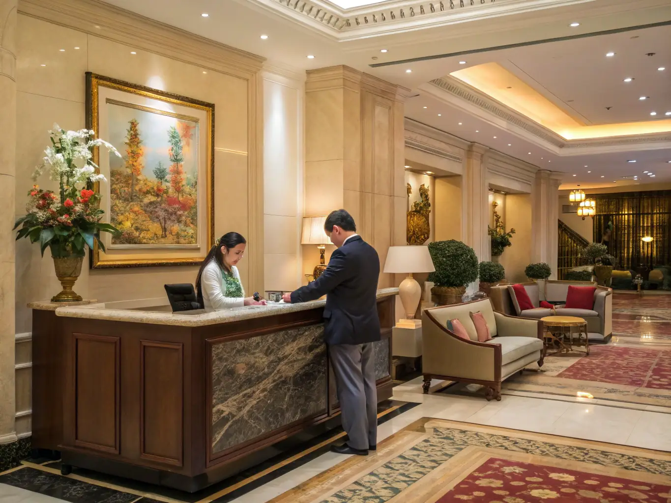 An image of a friendly and professional travel concierge assisting a guest with their travel arrangements in a luxurious hotel lobby, conveying personalized and attentive service.