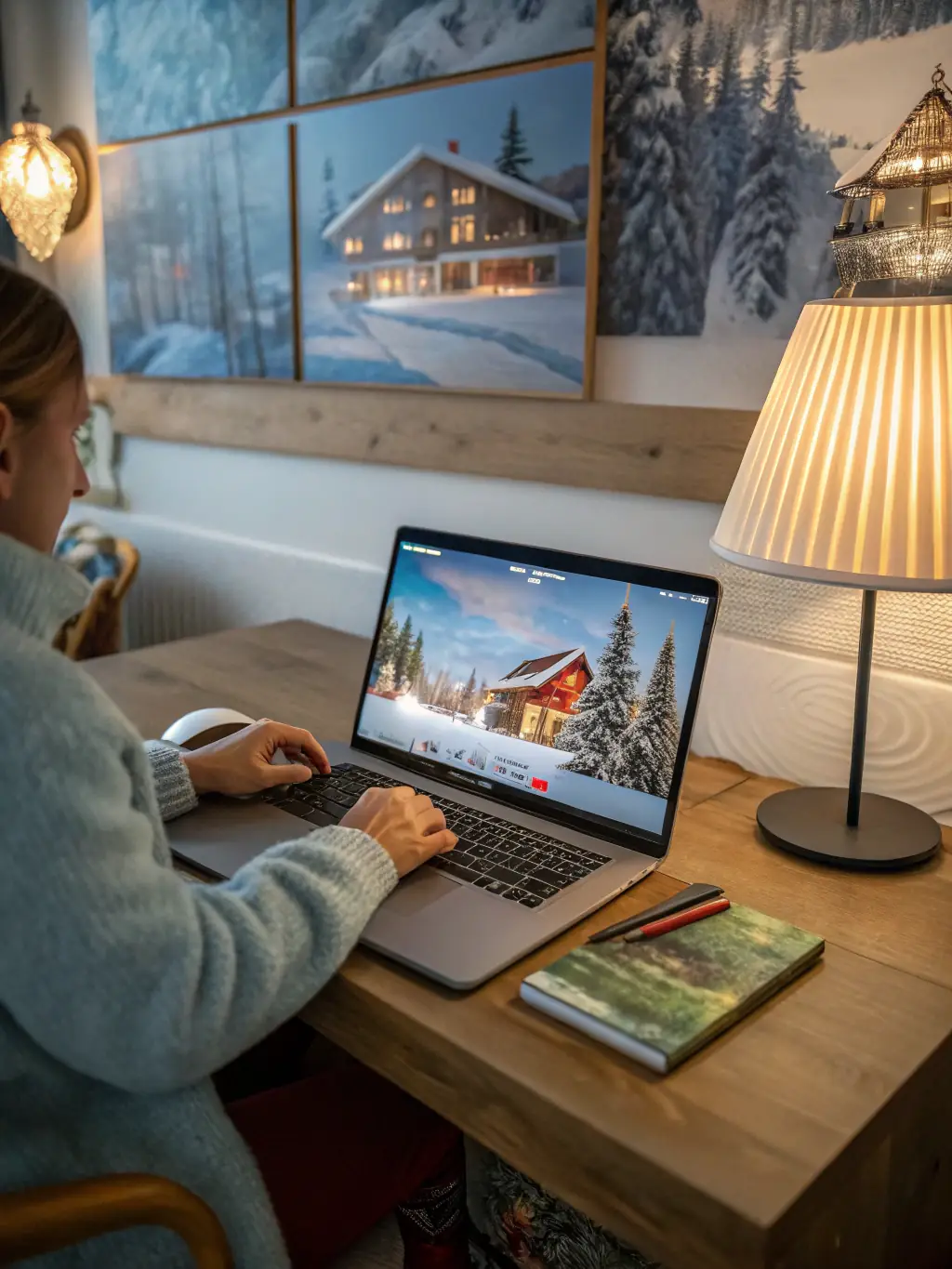 A photograph of a person browsing luxury accommodations on a laptop, showcasing various listings on Booking.com, Airbnb, or TripAdvisor, emphasizing the initial step of finding a stay.