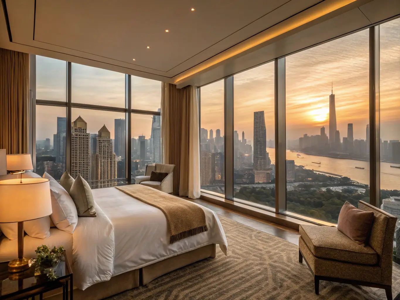 A high-resolution image showcasing a luxurious hotel suite with a panoramic city view at sunset, emphasizing the elegance and comfort of premium accommodations.