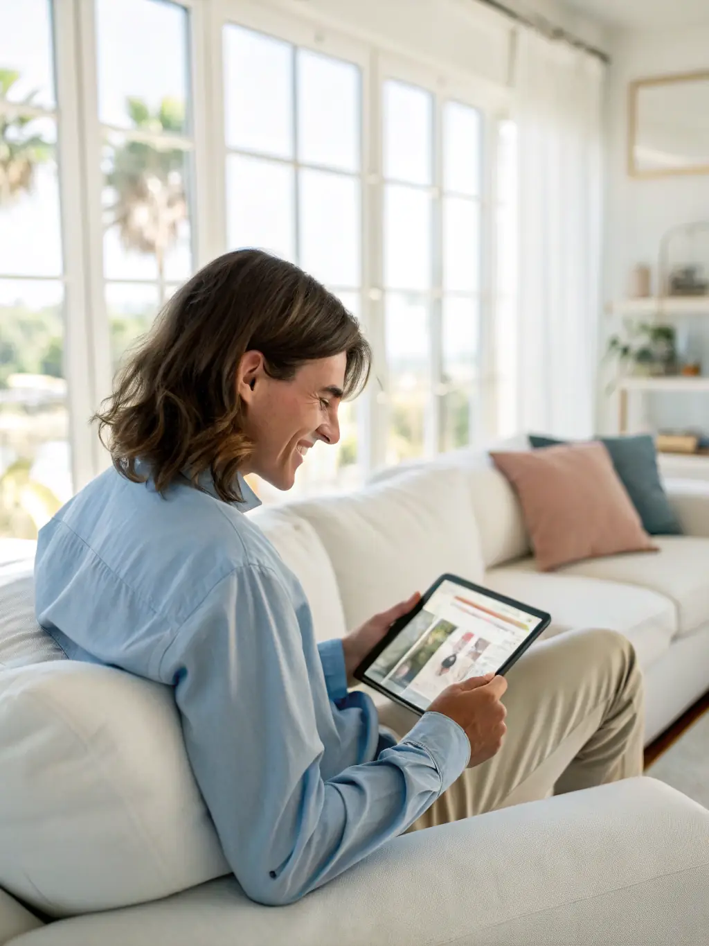A person receiving a quote on their tablet, with a surprised and happy expression. The quote shows a significant discount compared to the original price.